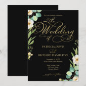 Elegante Zwart Goud Folie Script Greenery Wedding Kaart (Voorkant / Achterkant)