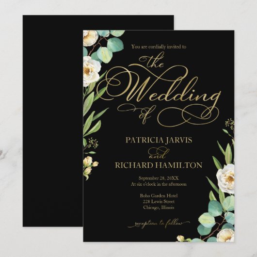 Elegante Zwart Goud Folie Script Greenery Wedding Kaart (Voorkant / Achterkant)