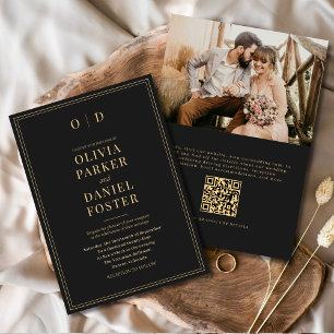 Elegante Zwart Goud Foto QR Code Huwelijk Kaart