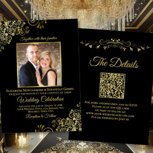 Elegante Zwart & Goud Foto & QR Code Huwelijk Kaart