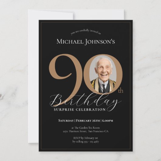 Elegante Zwart Goud Foto Verrassing 90ste Verjaard Kaart (Voorkant)