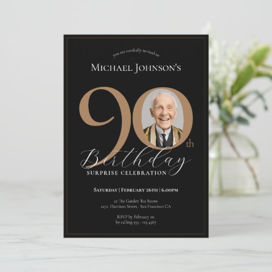 Elegante Zwart Goud Foto Verrassing 90ste Verjaard Kaart (Staand voorkant)