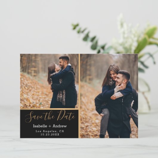 Elegante Zwart Goud Fotocollage Save the Date (Staand voorkant)