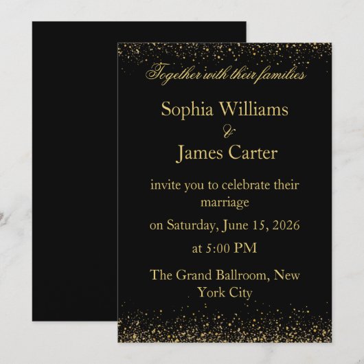 Elegante Zwart & Goud Glitter Confetti bruiloft Kaart (Voorkant / Achterkant)