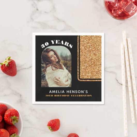 Elegante Zwart Goud Glitter Foto 30e Verjaardag Servet (Insitu)