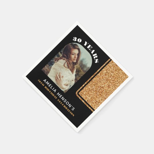 Elegante Zwart Goud Glitter Foto 30e Verjaardag Servet (Hoek)