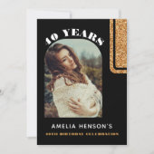 Elegante Zwart Goud Glitter Foto 40e Verjaardag Kaart (Voorkant)