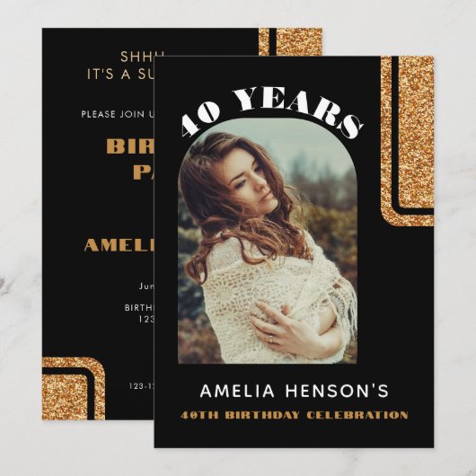 Elegante Zwart Goud Glitter Foto 40e Verjaardag Kaart (Voorkant / Achterkant)