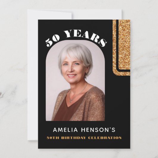 Elegante Zwart Goud Glitter Foto 50e Verjaardag Kaart (Voorkant)