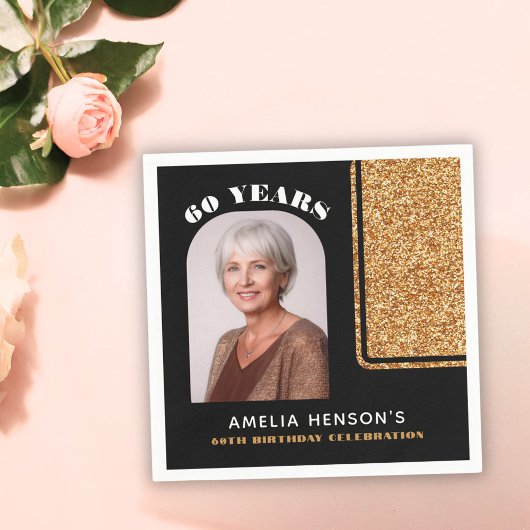 Elegante Zwart Goud Glitter Foto 60e Verjaardag Servet
