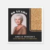 Elegante Zwart Goud Glitter Foto 60e Verjaardag Servet (Voorkant)