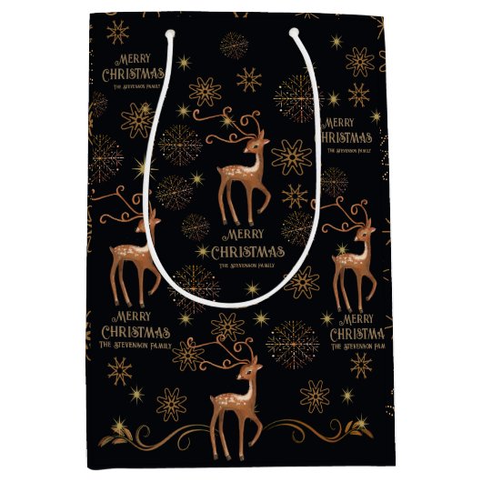 Elegante Zwart & Goud Herten Custom Kerstmis Medium Cadeauzakje (Voorkant)