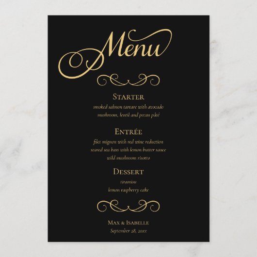 Elegante zwart goud kalligrafie script bruiloft menu (Voorkant)