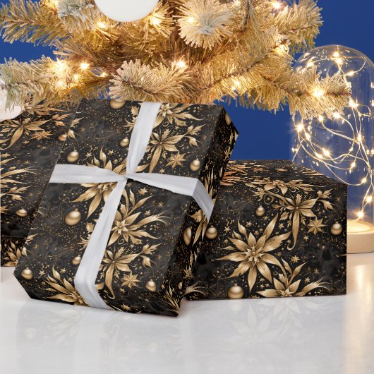 Elegante Zwart Goud Kerst Ornament Bloemen Cadeaupapier (Feestdagen)
