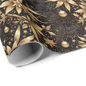 Elegante Zwart Goud Kerst Ornament Bloemen Cadeaupapier (Rol Hoek)
