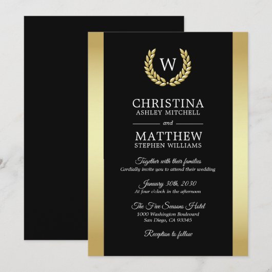 Elegante Zwart Goud Laurel Krans Monogram Huwelijk Kaart (Voorkant / Achterkant)
