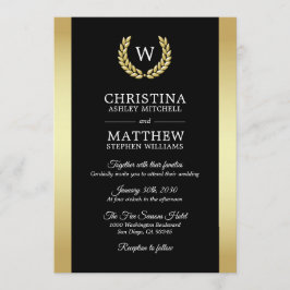 Elegante Zwart Goud Laurel Krans Monogram Huwelijk Kaart