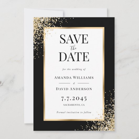 Elegante Zwart Goud Lijst Confetti bruiloft Save The Date (Voorkant)