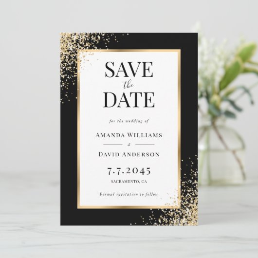 Elegante Zwart Goud Lijst Confetti bruiloft Save The Date (Staand voorkant)