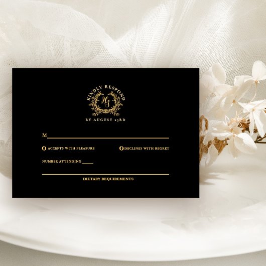 Elegante zwart/goud Monogram Crest Wedding RSVP Kaartje