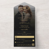 Elegante Zwart & Goud Monogram Krans Trouwfoto All In One Uitnodiging (Binnen)