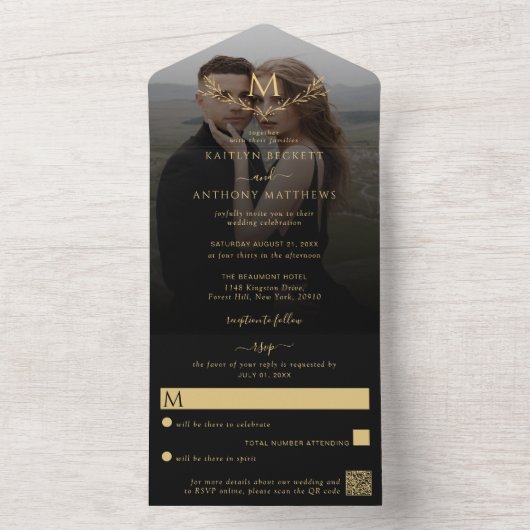 Elegante Zwart & Goud Monogram Krans Trouwfoto All In One Uitnodiging (Binnen)