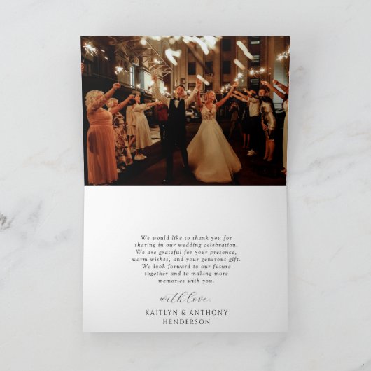 Elegante Zwart & Goud Monogram Krans Trouwfoto Bedankkaart (Binnen)