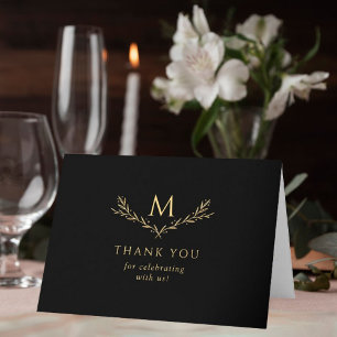 Elegante Zwart & Goud Monogram Krans Trouwfoto Bedankkaart