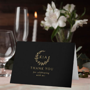 Elegante Zwart & Goud Monogram Krans Trouwfoto Bedankkaart