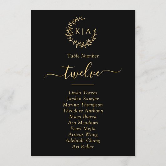 Elegante Zwart & Goud Monogram Krans Trouwkaarten Kaart (Voorkant)