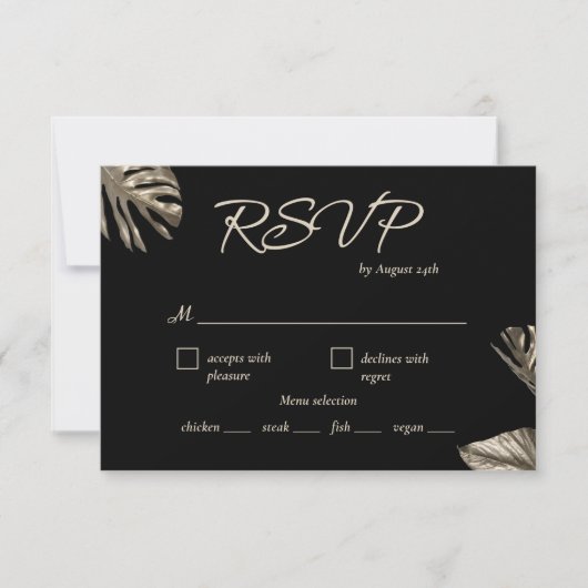 Elegante zwart goud Monstera bruiloft maaltijd keu RSVP Kaartje (Voorkant)