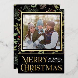 Elegante Zwart & Goud Prettig Kerstmis Hulst Foto Folie Feestdagenkaart