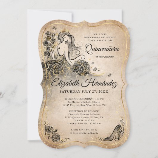 Elegante zwart goud prinses quinceanera verjaardag kaart (Voorkant)