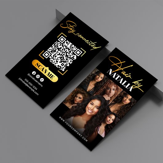 Elegante Zwart Goud QR Code & Foto Hair Stylist Visitekaartje