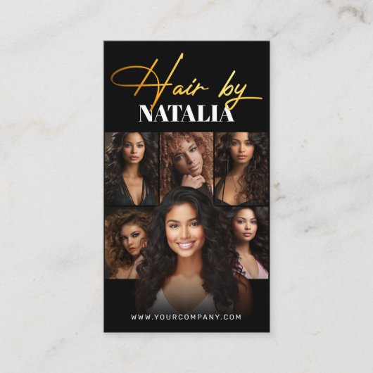 Elegante Zwart Goud QR Code & Foto Hair Stylist Visitekaartje (Voorkant)