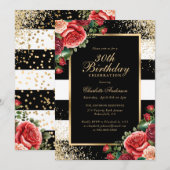 Elegante Zwart Goud Rode Roos Bloemen 30e Verjaard Kaart (Voorkant / Achterkant)