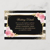 Elegante Zwart Goud Roze Bloemen Trouwdetails Informatiekaartje (Voorkant)