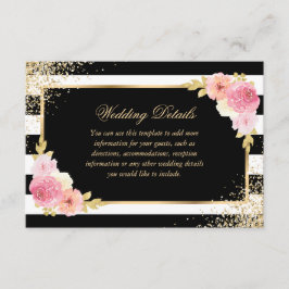 Elegante Zwart Goud Roze Bloemen Trouwdetails Informatiekaartje