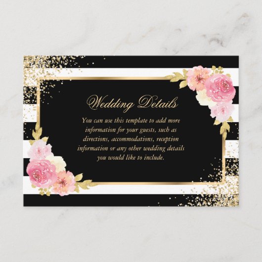 Elegante Zwart Goud Roze Bloemen Trouwdetails Informatiekaartje (Voorkant)