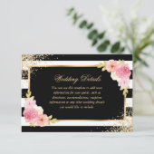 Elegante Zwart Goud Roze Bloemen Trouwdetails Informatiekaartje (Staand voorkant)