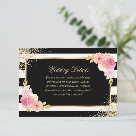 Elegante Zwart Goud Roze Bloemen Trouwdetails Informatiekaartje (Staand voorkant)