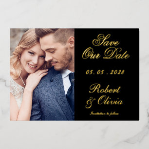 Elegante Zwart & Goud Save Our Date Foto Echt Folie Uitnodiging
