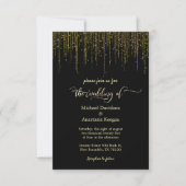 Elegante zwart goud script druppelen glitter bruil kaart (Voorkant)