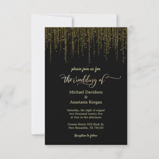Elegante zwart goud script druppelen glitter bruil kaart (Voorkant)