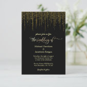 Elegante zwart goud script druppelen glitter bruil kaart (Staand voorkant)