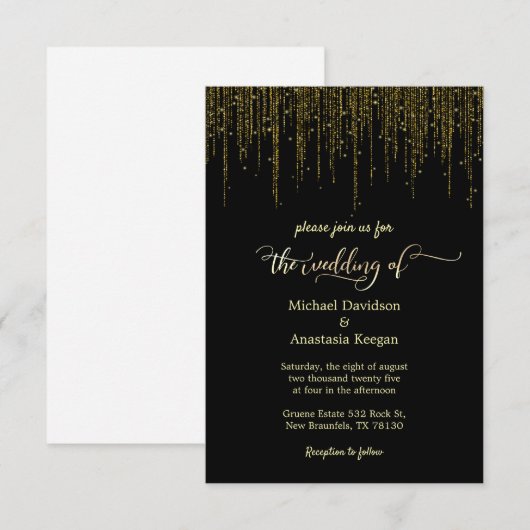 Elegante zwart goud script druppelen glitter bruil kaart (Voorkant / Achterkant)