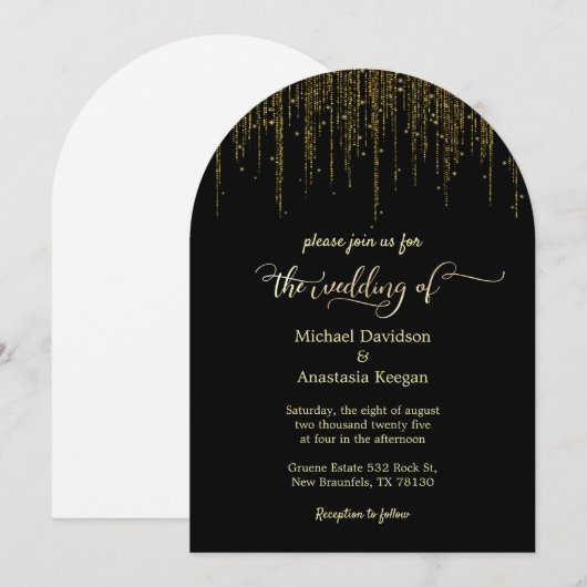 Elegante zwart goud script druppelen glitter bruil kaart (Voorkant / Achterkant)