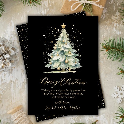Elegante Zwart Goud Script Tree Non Photo Christma Feestdagenkaart