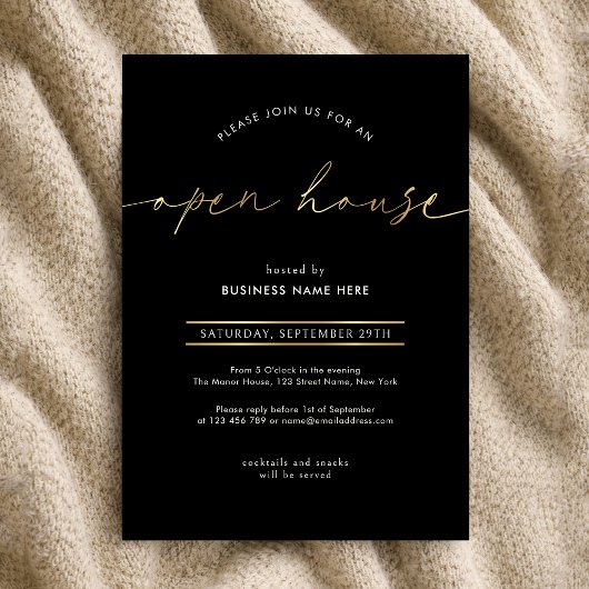 Elegante Zwart & Goud Script Zakelijke Open Huis Kaart