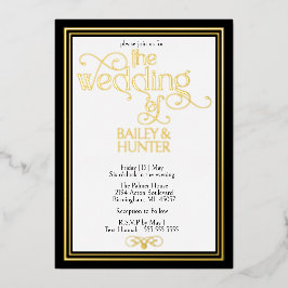 Elegante zwart goud sierlijke typografie bruiloft folie uitnodiging